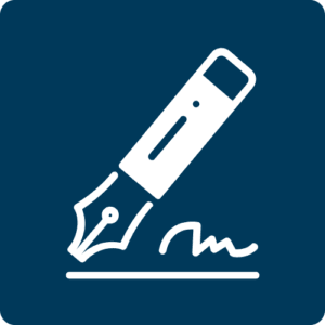 Blue box with icon of fountain pen