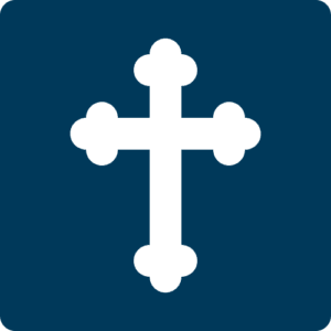 Blue box with icon of white cross