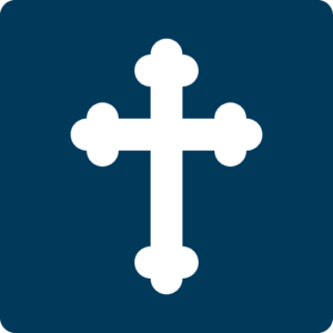 Blue box with icon of white cross