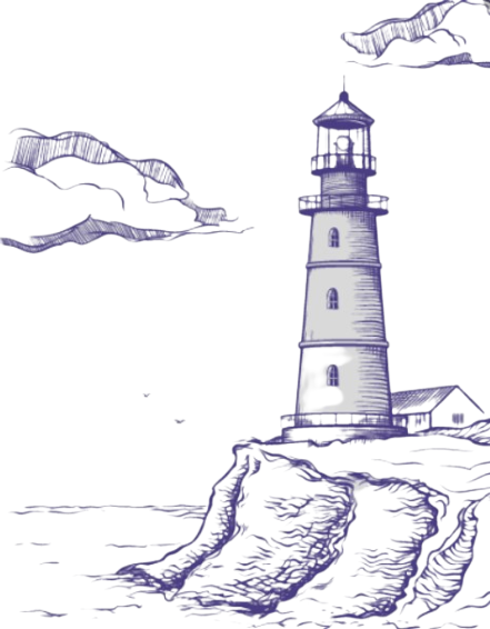 Blue ink drawing of a lighthouse